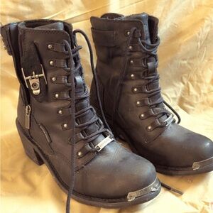 Harley-Davidson Black Lace-Up Combat Boots with Metal Accents